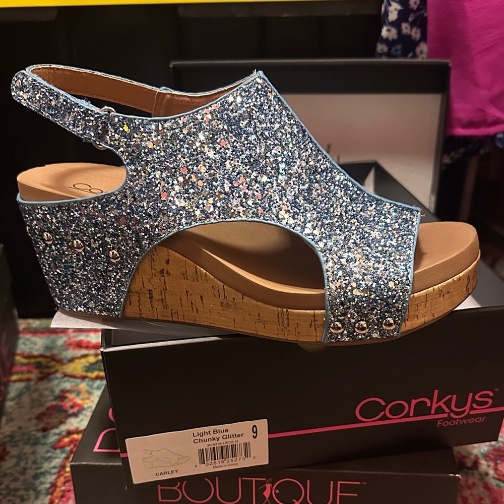 Corkys Light Blue Glitter Wedge Sandals